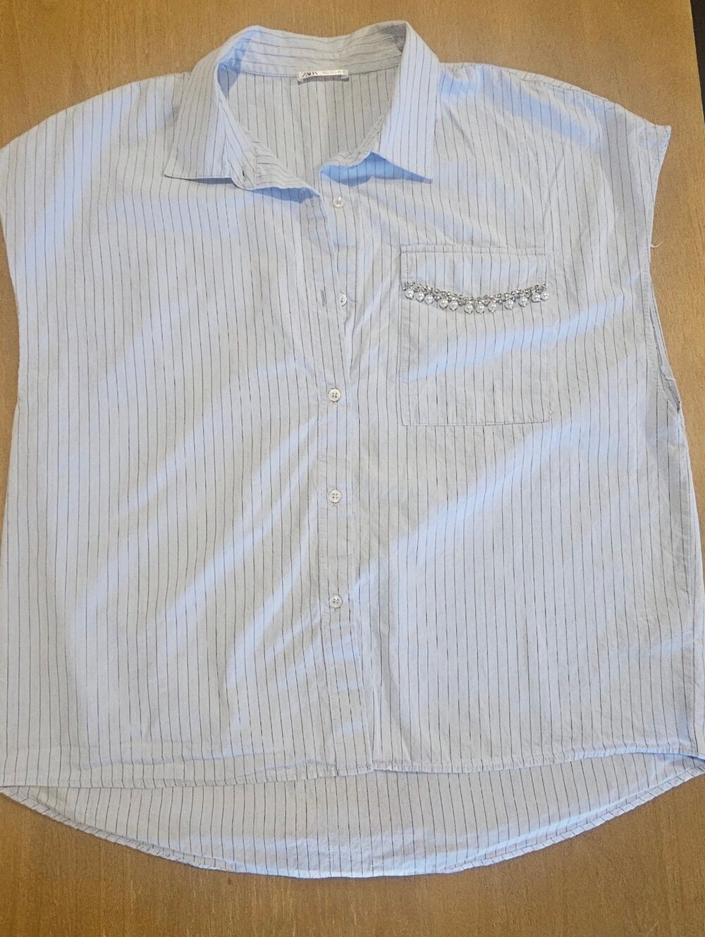 Zara Embellished Pinstripe Button-Up Shirt – Blue & White – Size Large - Picture 2 of 8